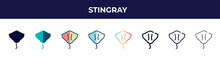 Stingray Icon In 8 Styles. Line, Filled, Glyph, Thin Outline, Colorful, Stroke And Gradient Styles, Stingray Vector Sign. Symbol, Logo Illustration. Different Style Icons Set.