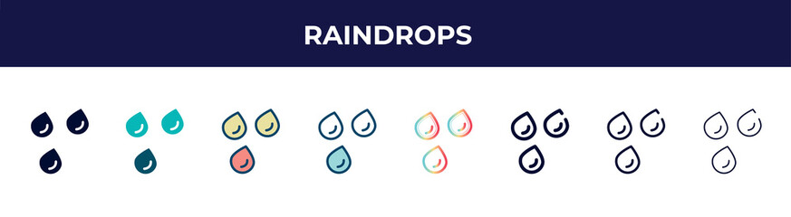 Poster - raindrops icon in 8 styles. line, filled, glyph, thin outline, colorful, stroke and gradient styles, raindrops vector sign. symbol, logo illustration. different style icons set.