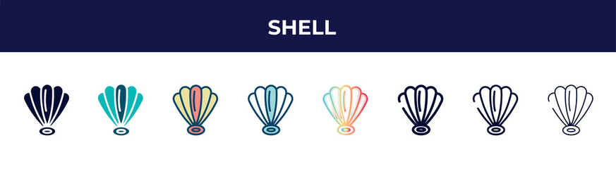 Poster - shell icon in 8 styles. line, filled, glyph, thin outline, colorful, stroke and gradient styles, shell vector sign. symbol, logo illustration. different style icons set.