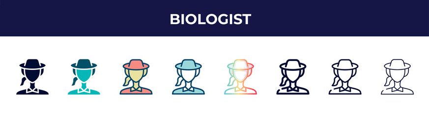 Poster - biologist icon in 8 styles. line, filled, glyph, thin outline, colorful, stroke and gradient styles, biologist vector sign. symbol, logo illustration. different style icons set.