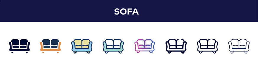 Poster - sofa icon in 8 styles. line, filled, glyph, thin outline, colorful, stroke and gradient styles, sofa vector sign. symbol, logo illustration. different style icons set.