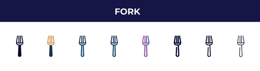Poster - fork icon in 8 styles. line, filled, glyph, thin outline, colorful, stroke and gradient styles, fork vector sign. symbol, logo illustration. different style icons set.