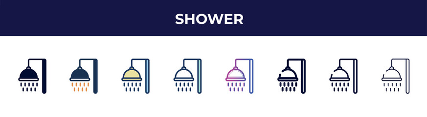 Poster - shower icon in 8 styles. line, filled, glyph, thin outline, colorful, stroke and gradient styles, shower vector sign. symbol, logo illustration. different style icons set.