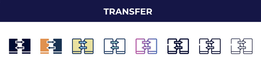 Poster - transfer icon in 8 styles. line, filled, glyph, thin outline, colorful, stroke and gradient styles, transfer vector sign. symbol, logo illustration. different style icons set.