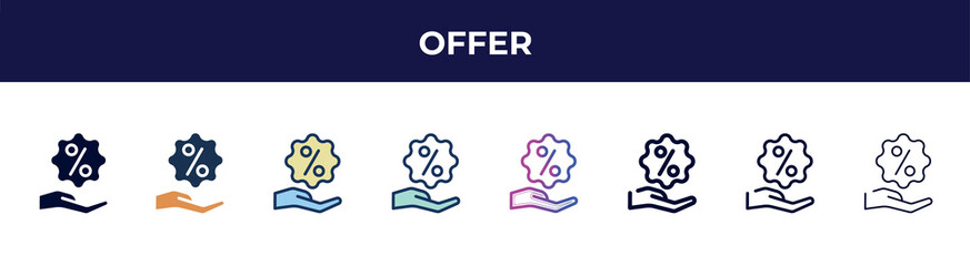 Poster - offer icon in 8 styles. line, filled, glyph, thin outline, colorful, stroke and gradient styles, offer vector sign. symbol, logo illustration. different style icons set.