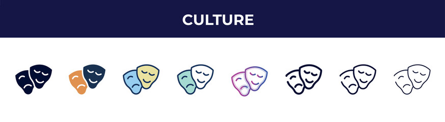 Poster - culture icon in 8 styles. line, filled, glyph, thin outline, colorful, stroke and gradient styles, culture vector sign. symbol, logo illustration. different style icons set.