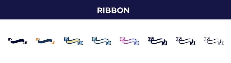 Poster - ribbon icon in 8 styles. line, filled, glyph, thin outline, colorful, stroke and gradient styles, ribbon vector sign. symbol, logo illustration. different style icons set.
