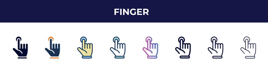 Poster - finger icon in 8 styles. line, filled, glyph, thin outline, colorful, stroke and gradient styles, finger vector sign. symbol, logo illustration. different style icons set.
