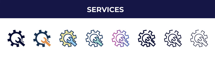 Poster - services icon in 8 styles. line, filled, glyph, thin outline, colorful, stroke and gradient styles, services vector sign. symbol, logo illustration. different style icons set.