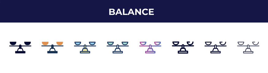 Fototapete - balance icon in 8 styles. line, filled, glyph, thin outline, colorful, stroke and gradient styles, balance vector sign. symbol, logo illustration. different style icons set.