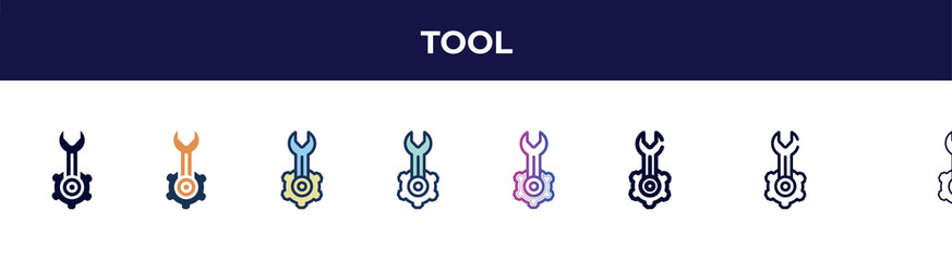 Poster - tool icon in 8 styles. line, filled, glyph, thin outline, colorful, stroke and gradient styles, tool vector sign. symbol, logo illustration. different style icons set.