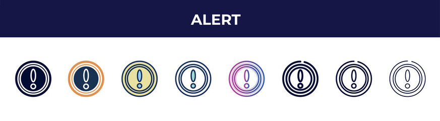 Aufkleber - alert icon in 8 styles. line, filled, glyph, thin outline, colorful, stroke and gradient styles, alert vector sign. symbol, logo illustration. different style icons set.