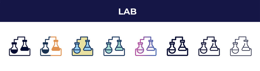 Poster - lab icon in 8 styles. line, filled, glyph, thin outline, colorful, stroke and gradient styles, lab vector sign. symbol, logo illustration. different style icons set.