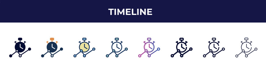 Poster - timeline icon in 8 styles. line, filled, glyph, thin outline, colorful, stroke and gradient styles, timeline vector sign. symbol, logo illustration. different style icons set.