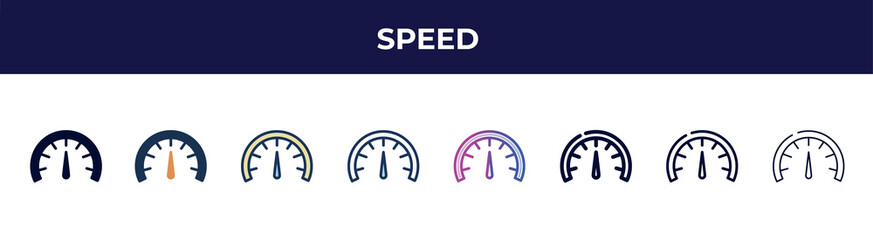 Poster - speed icon in 8 styles. line, filled, glyph, thin outline, colorful, stroke and gradient styles, speed vector sign. symbol, logo illustration. different style icons set.