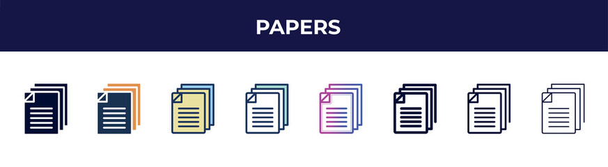 Aufkleber - papers icon in 8 styles. line, filled, glyph, thin outline, colorful, stroke and gradient styles, papers vector sign. symbol, logo illustration. different style icons set.
