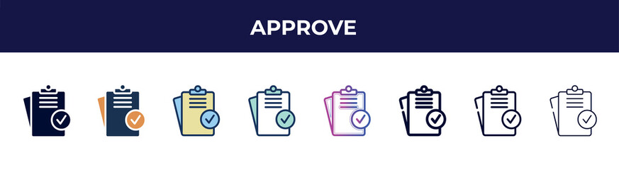 Aufkleber - approve icon in 8 styles. line, filled, glyph, thin outline, colorful, stroke and gradient styles, approve vector sign. symbol, logo illustration. different style icons set.