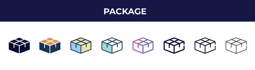Poster - package icon in 8 styles. line, filled, glyph, thin outline, colorful, stroke and gradient styles, package vector sign. symbol, logo illustration. different style icons set.