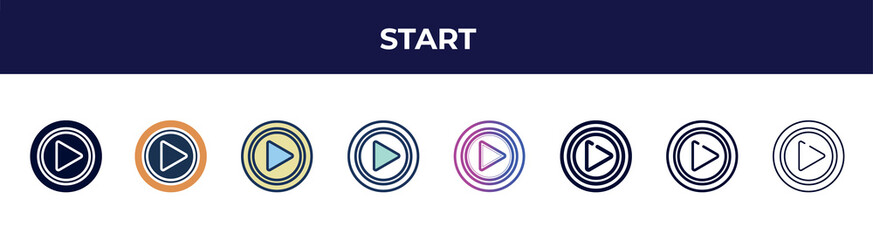 Poster - start icon in 8 styles. line, filled, glyph, thin outline, colorful, stroke and gradient styles, start vector sign. symbol, logo illustration. different style icons set.