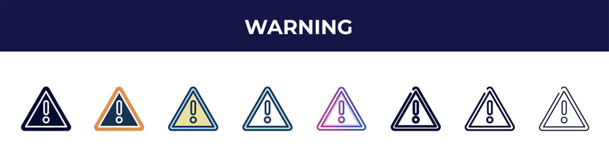 Aufkleber - warning icon in 8 styles. line, filled, glyph, thin outline, colorful, stroke and gradient styles, warning vector sign. symbol, logo illustration. different style icons set.