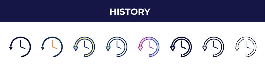 Poster - history icon in 8 styles. line, filled, glyph, thin outline, colorful, stroke and gradient styles, history vector sign. symbol, logo illustration. different style icons set.