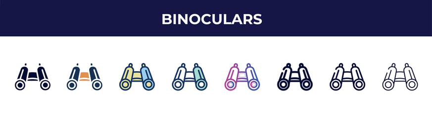 Poster - binoculars icon in 8 styles. line, filled, glyph, thin outline, colorful, stroke and gradient styles, binoculars vector sign. symbol, logo illustration. different style icons set.