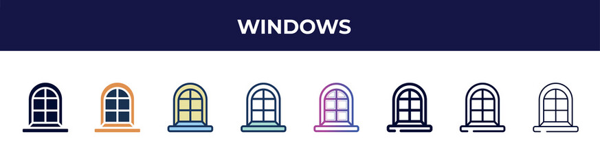 Aufkleber - windows icon in 8 styles. line, filled, glyph, thin outline, colorful, stroke and gradient styles, windows vector sign. symbol, logo illustration. different style icons set.