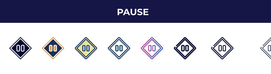 Poster - pause icon in 8 styles. line, filled, glyph, thin outline, colorful, stroke and gradient styles, pause vector sign. symbol, logo illustration. different style icons set.