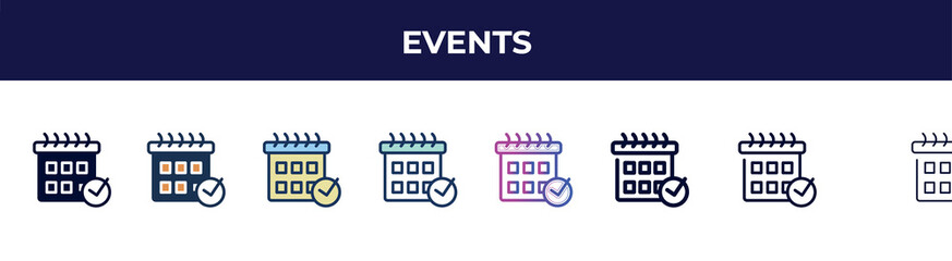 Poster - events icon in 8 styles. line, filled, glyph, thin outline, colorful, stroke and gradient styles, events vector sign. symbol, logo illustration. different style icons set.