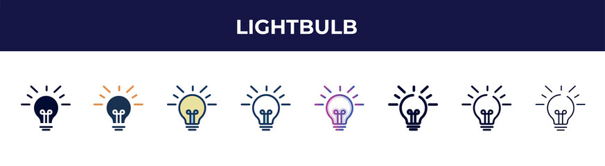 Poster - lightbulb icon in 8 styles. line, filled, glyph, thin outline, colorful, stroke and gradient styles, lightbulb vector sign. symbol, logo illustration. different style icons set.