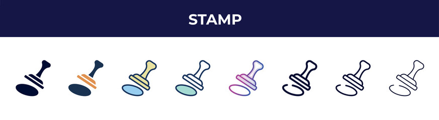 Poster - stamp icon in 8 styles. line, filled, glyph, thin outline, colorful, stroke and gradient styles, stamp vector sign. symbol, logo illustration. different style icons set.