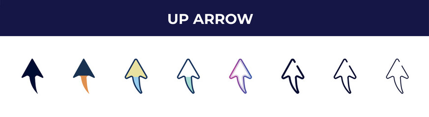 Poster - up arrow icon in 8 styles. line, filled, glyph, thin outline, colorful, stroke and gradient styles, up arrow vector sign. symbol, logo illustration. different style icons set.