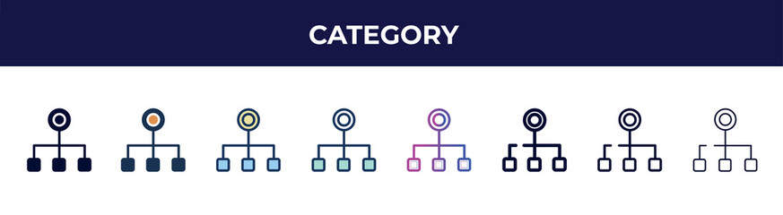 Poster - category icon in 8 styles. line, filled, glyph, thin outline, colorful, stroke and gradient styles, category vector sign. symbol, logo illustration. different style icons set.