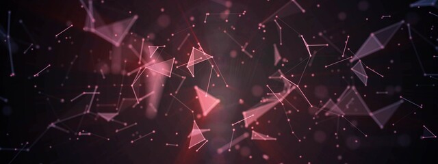 Poster - Abstract neon background. Design of glass fragments. Texture of geometric shapes, triangles, lines, points. Chaotic particles. Explosion of the universe. Outer space. Poster for technology, business.