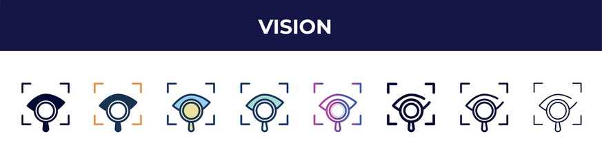 Poster - vision icon in 8 styles. line, filled, glyph, thin outline, colorful, stroke and gradient styles, vision vector sign. symbol, logo illustration. different style icons set.
