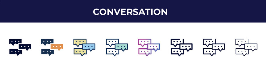 Poster - conversation icon in 8 styles. line, filled, glyph, thin outline, colorful, stroke and gradient styles, conversation vector sign. symbol, logo illustration. different style icons set.