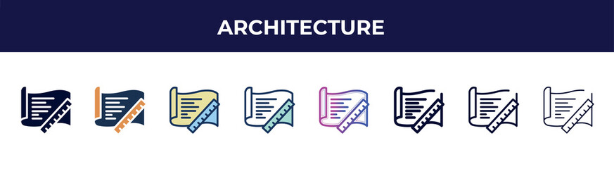 Aufkleber - architecture icon in 8 styles. line, filled, glyph, thin outline, colorful, stroke and gradient styles, architecture vector sign. symbol, logo illustration. different style icons set.