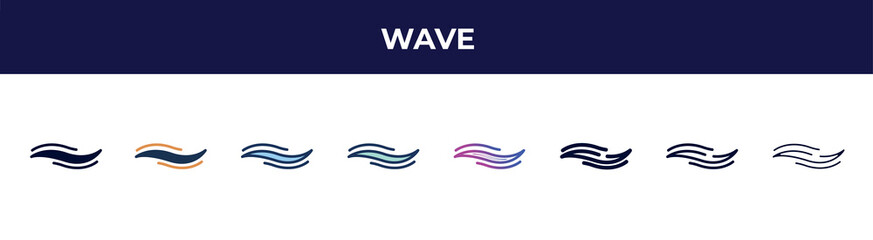 Poster - wave icon in 8 styles. line, filled, glyph, thin outline, colorful, stroke and gradient styles, wave vector sign. symbol, logo illustration. different style icons set.