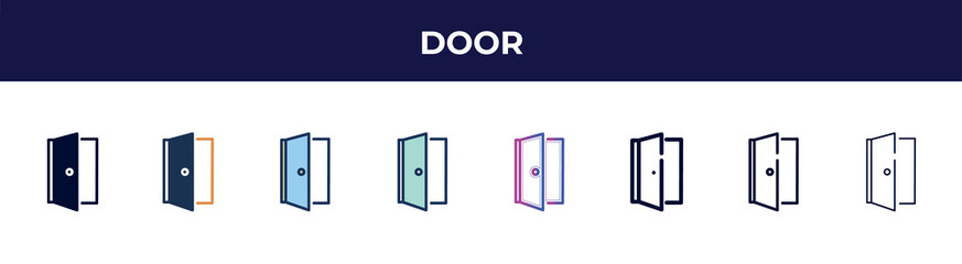 Poster - door icon in 8 styles. line, filled, glyph, thin outline, colorful, stroke and gradient styles, door vector sign. symbol, logo illustration. different style icons set.