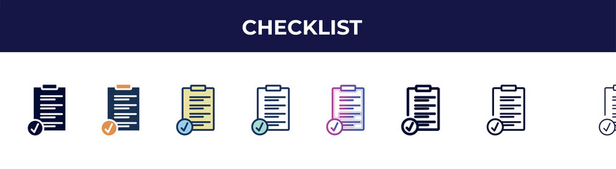 Aufkleber - checklist icon in 8 styles. line, filled, glyph, thin outline, colorful, stroke and gradient styles, checklist vector sign. symbol, logo illustration. different style icons set.