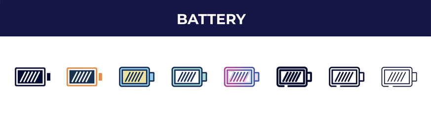 Poster - battery icon in 8 styles. line, filled, glyph, thin outline, colorful, stroke and gradient styles, battery vector sign. symbol, logo illustration. different style icons set.