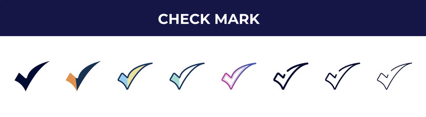 Poster - check mark icon in 8 styles. line, filled, glyph, thin outline, colorful, stroke and gradient styles