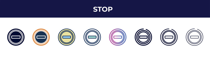 Aufkleber - stop icon in 8 styles. line, filled, glyph, thin outline, colorful, stroke and gradient styles, stop vector sign. symbol, logo illustration. different style icons set.