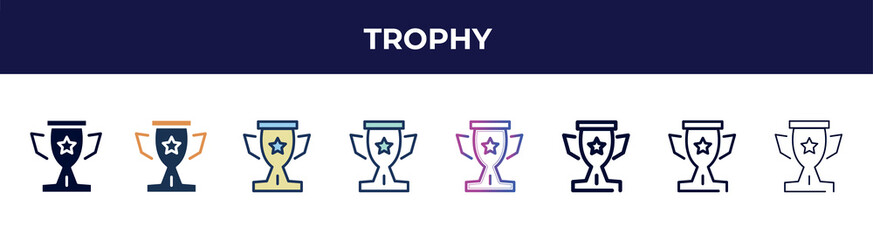 Poster - trophy icon in 8 styles. line, filled, glyph, thin outline, colorful, stroke and gradient styles, trophy vector sign. symbol, logo illustration. different style icons set.