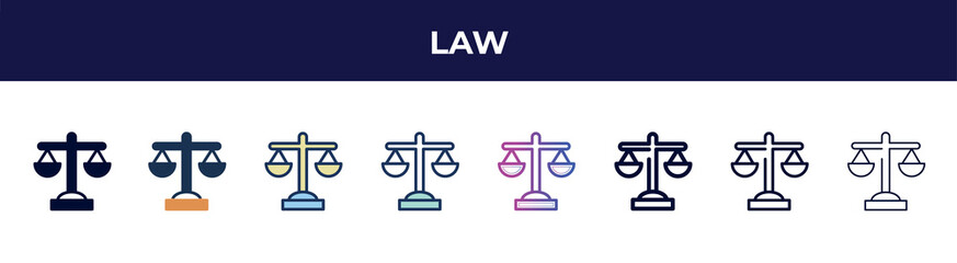 Poster - law icon in 8 styles. line, filled, glyph, thin outline, colorful, stroke and gradient styles, law vector sign. symbol, logo illustration. different style icons set.