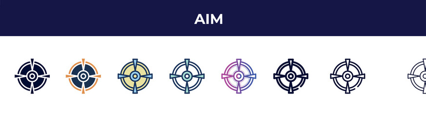 Poster - aim icon in 8 styles. line, filled, glyph, thin outline, colorful, stroke and gradient styles, aim vector sign. symbol, logo illustration. different style icons set.