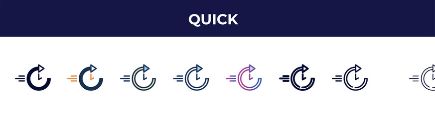 Poster - quick icon in 8 styles. line, filled, glyph, thin outline, colorful, stroke and gradient styles, quick vector sign. symbol, logo illustration. different style icons set.
