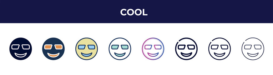 Aufkleber - cool icon in 8 styles. line, filled, glyph, thin outline, colorful, stroke and gradient styles, cool vector sign. symbol, logo illustration. different style icons set.