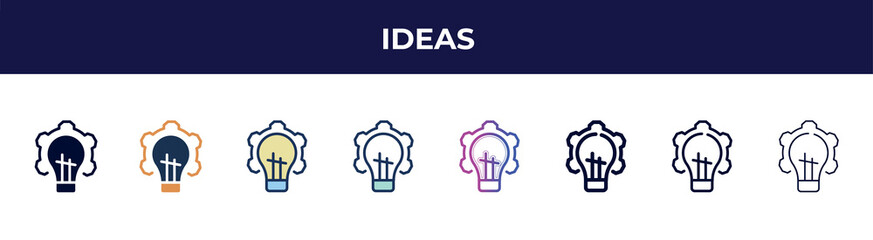 Poster - ideas icon in 8 styles. line, filled, glyph, thin outline, colorful, stroke and gradient styles, ideas vector sign. symbol, logo illustration. different style icons set.