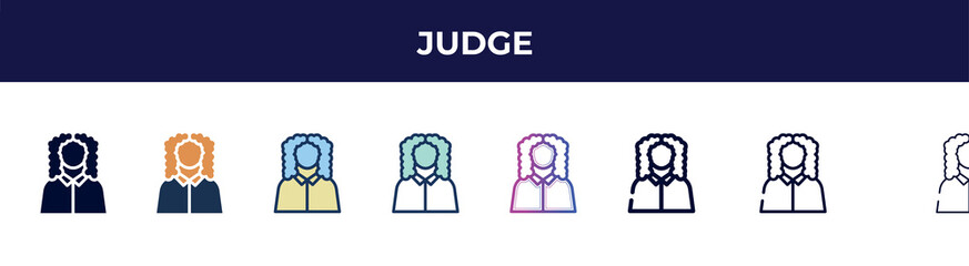 Poster - judge icon in 8 styles. line, filled, glyph, thin outline, colorful, stroke and gradient styles, judge vector sign. symbol, logo illustration. different style icons set.